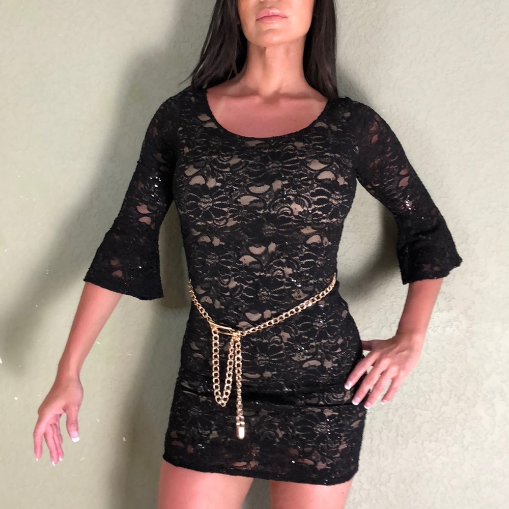 Black Lace sequence Dress with Gold Belt